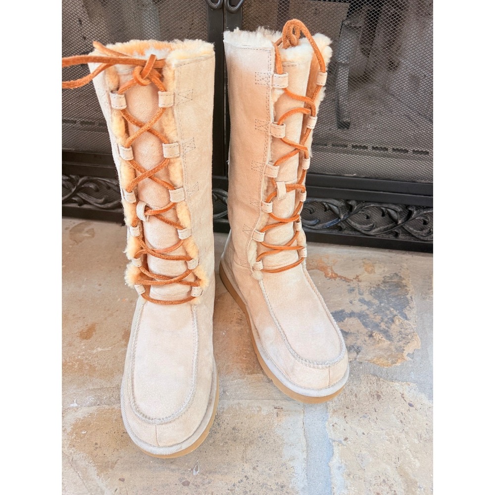 UGG Uptown II 5190 Tall Lace Up Suede Shearling Boots Beige Women's 9